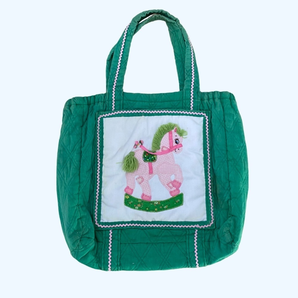 Vintage 80’s Children’s Green Quilted Book Bag With Rocking Horse